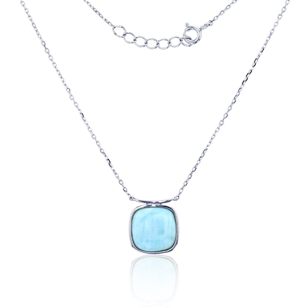 925 Sterling  Silver Cushion Larimar Curve Bar Necklace 17.5"+0.75"